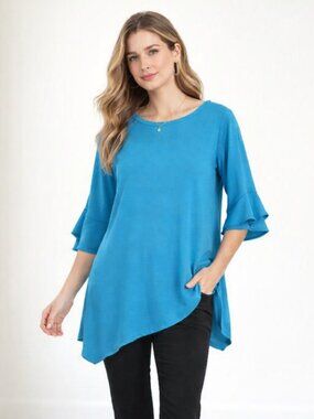 Clara Sunwoo Blue longer top w/ designer ruffle sleeves-Size Large-Made in USA